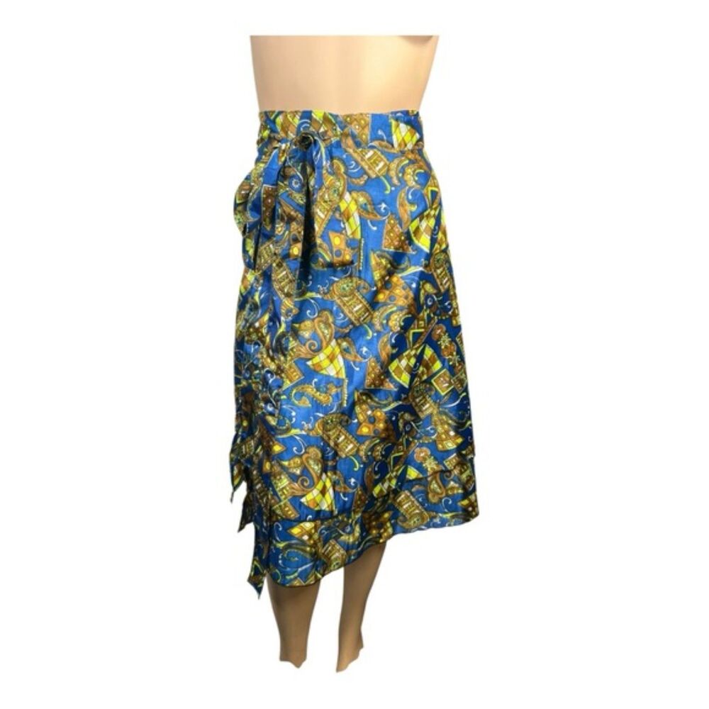 Vintage Silk Blend Wrap Skirt – Abstract Blue & Gold Print